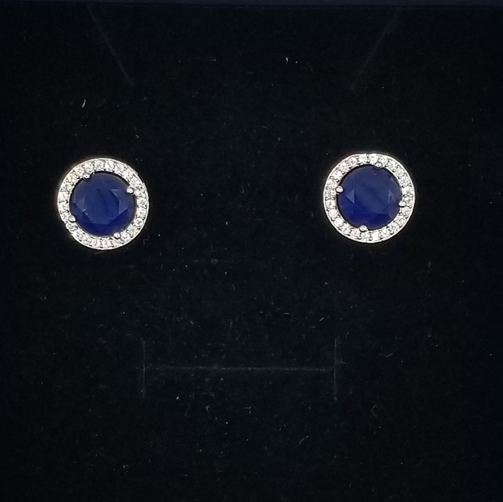 Blue Topaz Cocktail Stud Earrings w/ Rhinestones